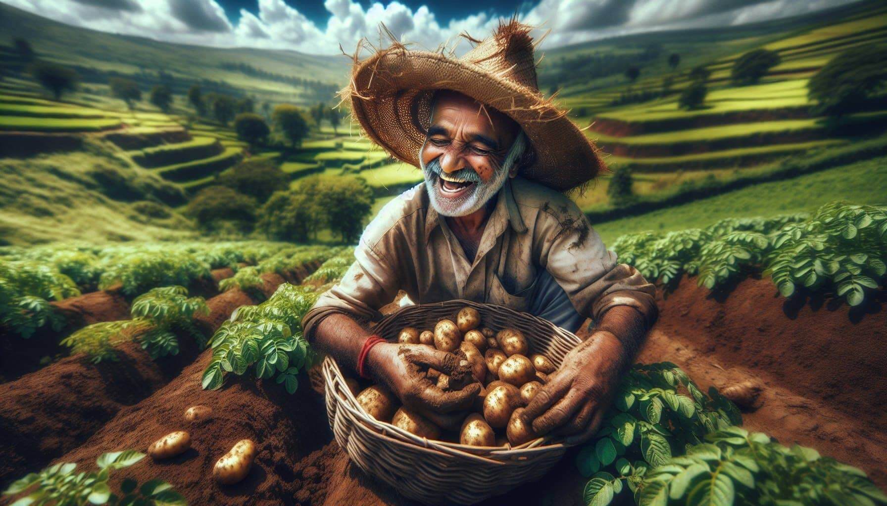 A man in a hat holds a basket of potatoes, showcasing a traditional harvest scene.