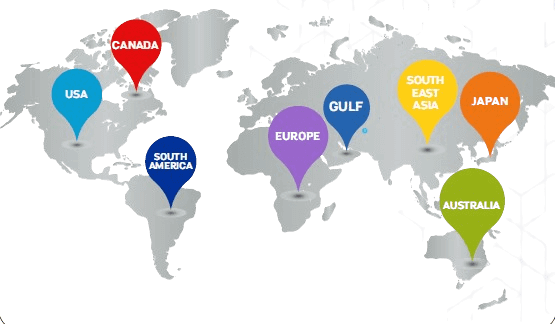 A world map with pins indicating various countries.