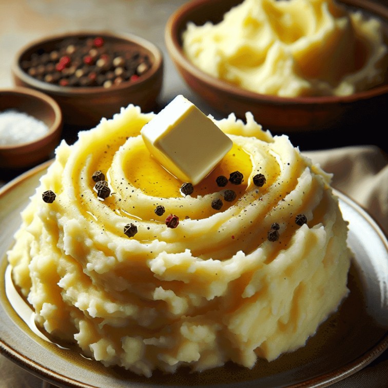 A plate of creamy mashed potatoes garnished with a generous amount of butter and a sprinkle of salt