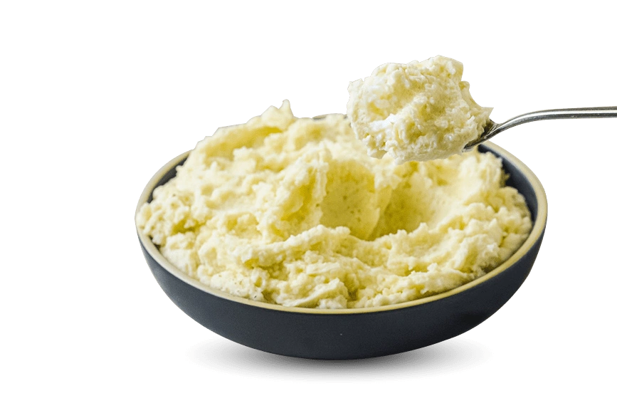 A bowl filled with mashed potatoes, a spoon resting on top.