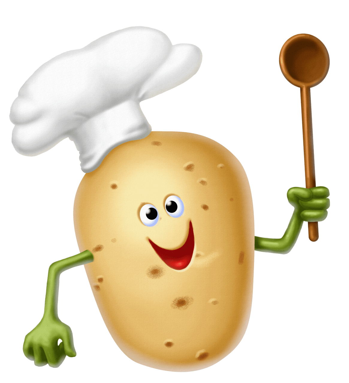 A cartoon potato chef wearing a chef's hat and apron, holding a spatula and smiling.