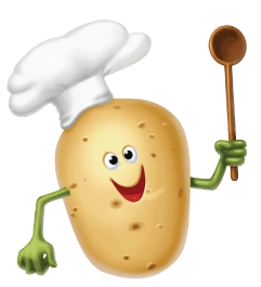 A cartoon potato chef wearing a chef's hat and apron, holding a spatula and smiling.