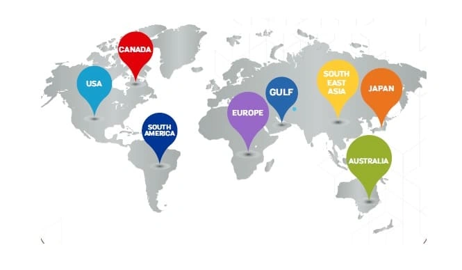 A world map with pins indicating various countries.