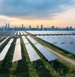 Solar panels in a field with city skyline in the background. Harnessing renewable energy for a sustainable future.