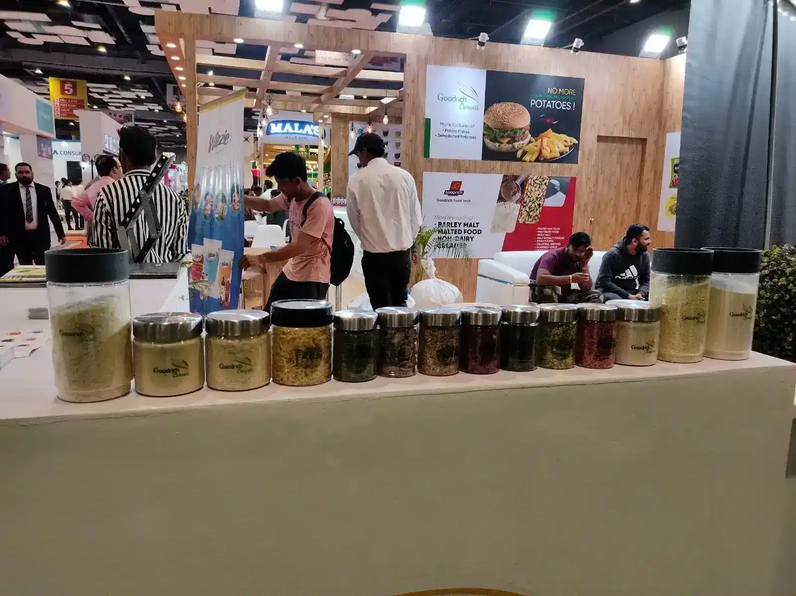 Table with jars of potato products at the Goodrich Exhibition Aahar India.